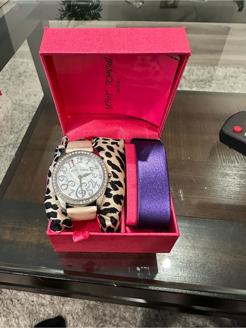 Betsey Johnson Pink Box Watch Set with Leopard Pillow and Purple Strap